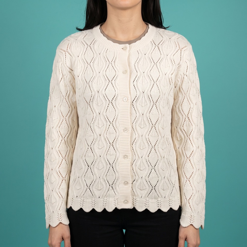 Unbranded Cardigan Sweater Womens L Pointelle White Scalloped Hem
